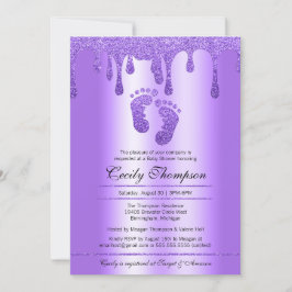 Paarse Glitter Drip Luxury Baby Feet Shower Invita Kaart