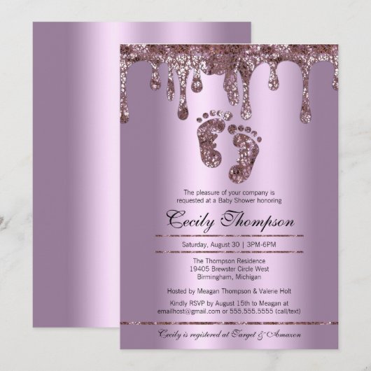 Paarse Glitter Drip Luxury Baby Feet Shower Kaart (Voorkant / Achterkant)