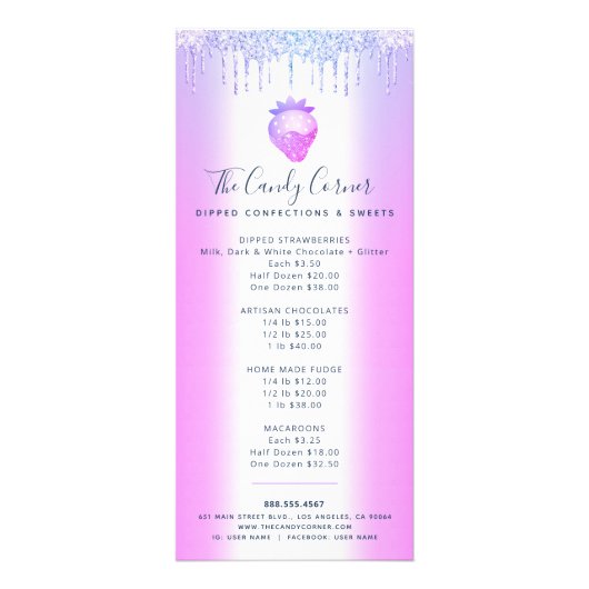 Paarse glitter Drip Strawberry Sweets Dessert Menu (Voorkant)
