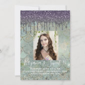 Paarse Glitter Drip Zeemeermin Sweet 16 Foto Kaart (Voorkant)
