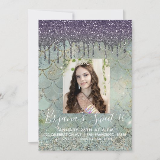 Paarse Glitter Drip Zeemeermin Sweet 16 Foto Kaart (Voorkant)
