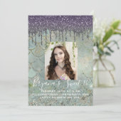 Paarse Glitter Drip Zeemeermin Sweet 16 Foto Kaart (Staand voorkant)