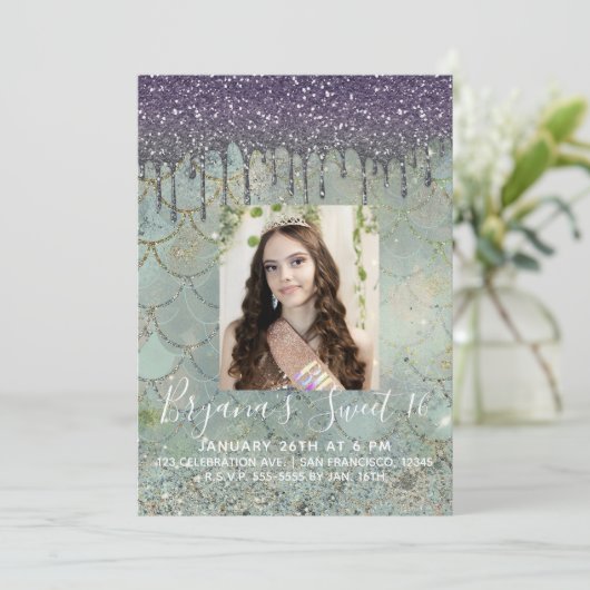 Paarse Glitter Drip Zeemeermin Sweet 16 Foto Kaart (Staand voorkant)