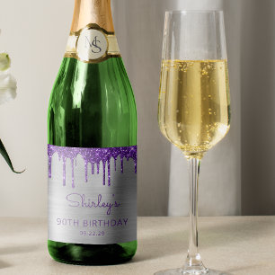 Paarse Glitter Drip Zilveren 90ste Verjaardagsfees Sparkling Wijnetiket