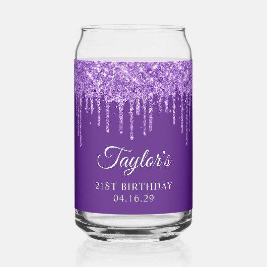 Paarse Glitter Drips 21e Verjaardag Blikvorm Glas (Voorkant)