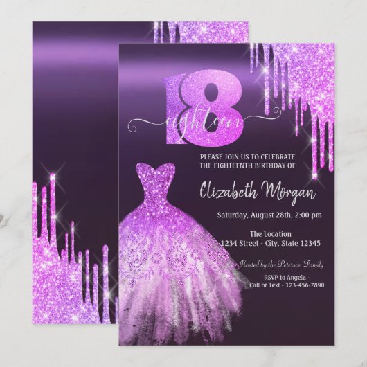 Paarse Glitter Drips Dress 18e Verjaardagsfeest Kaart (Voorkant / Achterkant)