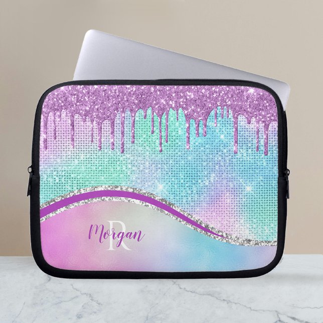 Paarse Glitter Drivers, Iridescent, Naam en Monogr Laptop Sleeve (Creator heeft geüpload)