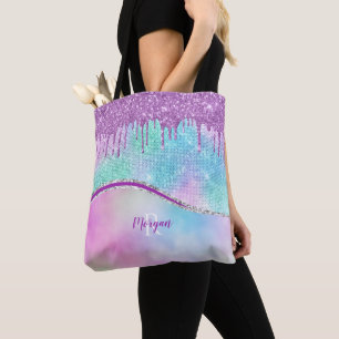 Paarse Glitter Drivers & Sparkle, naam en monogram Tote Bag
