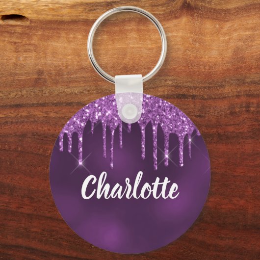 Paarse glitter druppelnaam sleutelhanger (Voorkant)