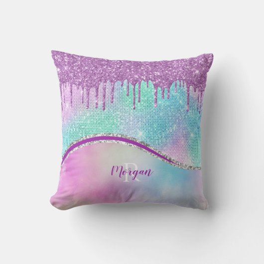 Paarse Glitter Druppels & Glans, Naam & Monogram Kussen (Voorkant)