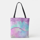 Paarse Glitter Druppels & Glans, Naam & Monogram Tote Bag (Achterkant)
