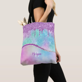 Paarse Glitter Druppels & Glans, Naam & Monogram Tote Bag