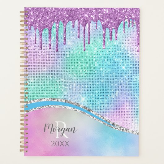 Paarse Glitter Druppels, Iriserend, Naam & Monogra Planner (Voorkant)