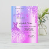 Paarse glitter druppels, jurk Violet Sweet 16 Kaart (Staand voorkant)