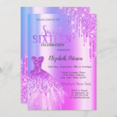 Paarse glitter druppels, jurk Violet Sweet 16 Kaart (Voorkant / Achterkant)