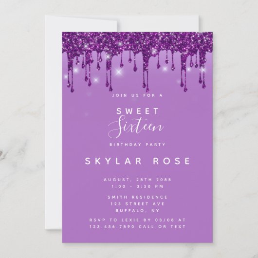 Paarse glitter druppels lief zestien verjaardagsfe kaart (Voorkant)