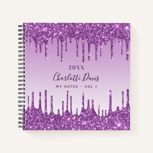 Paarse glitter druppels paars monogram glamorously notitieboek (Voorkant)