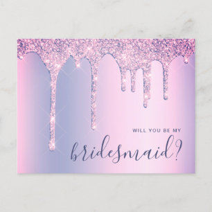 Paarse glitter druppels zal je mijn bruidsmeisje uitnodiging briefkaart