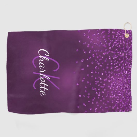 Paarse glitter druppelt aangepaste monogram naam golfhanddoek (Horizontaal)