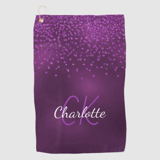 Paarse glitter druppelt aangepaste monogram naam golfhanddoek (Voorkant)