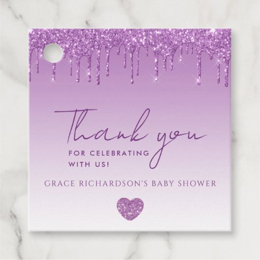 Paarse Glitter Druppelt Baby shower Dank u Label (Voorkant)