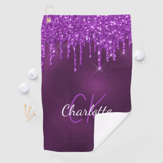 Paarse glitter druppelt monogram initiaal naam golfhanddoek (Insitu)