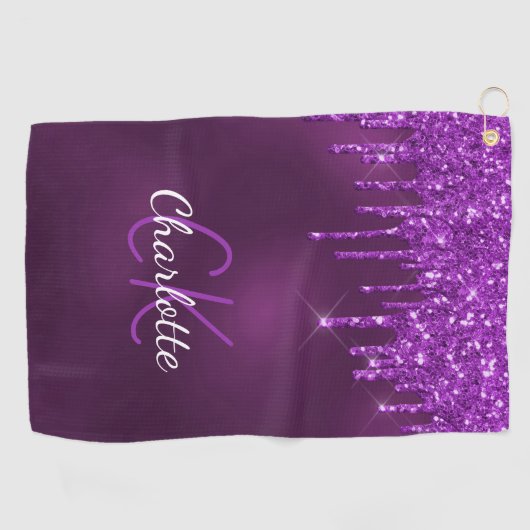Paarse glitter druppelt monogram initiaal naam golfhanddoek (Horizontaal)