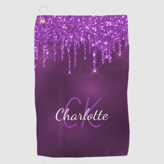 Paarse glitter druppelt monogram initiaal naam golfhanddoek (Voorkant)