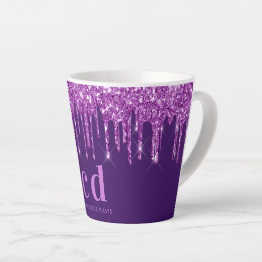 Paarse glitter druppelt monogram initiaal naam latte mok (Rechterhoek)