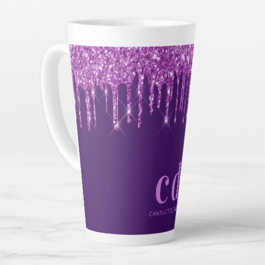 Paarse glitter druppelt monogram initiaal naam latte mok (Linkerhoek)