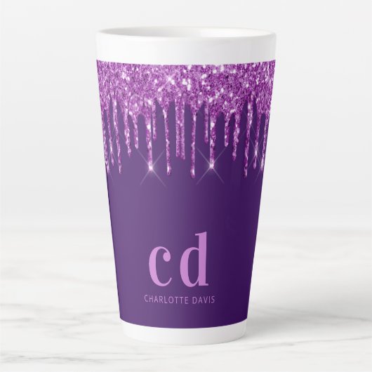 Paarse glitter druppelt monogram initiaal naam latte mok (Voorkant)