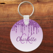 Paarse glitter druppelt monogram initiaal naam sleutelhanger (Voorkant)