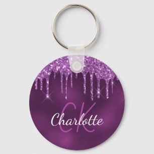 Paarse glitter druppelt monogram initialen elegant sleutelhanger