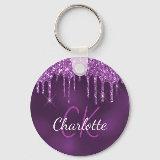 Paarse glitter druppelt monogram initialen elegant sleutelhanger (Voorkant)