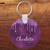 Paarse glitter druppelt monogram initialen elegant sleutelhanger (Voorkant)