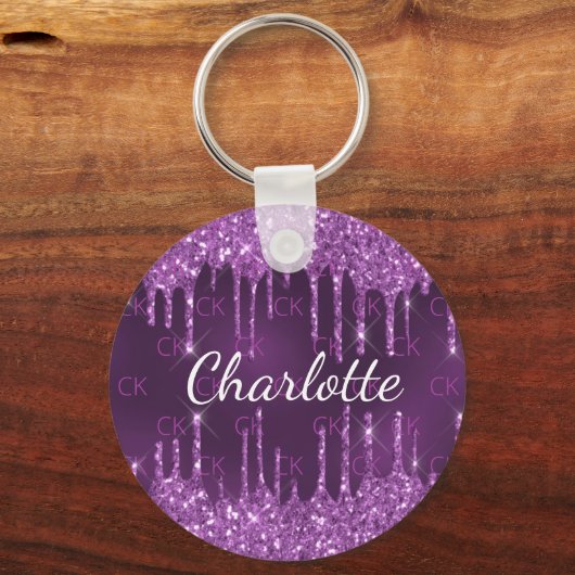 Paarse glitter druppelt monogram initialen naam lu sleutelhanger (Voorkant)