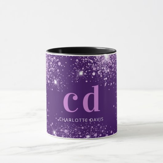 Paarse glitter druppelt monogram naam mok (Midden)
