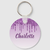 Paarse glitter druppelt monogram naam sleutelhanger (Voorkant)