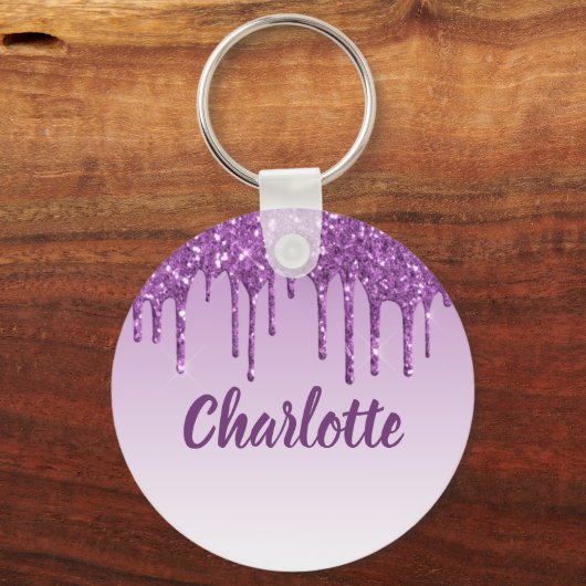 Paarse glitter druppelt monogram naam sleutelhanger (Voorkant)