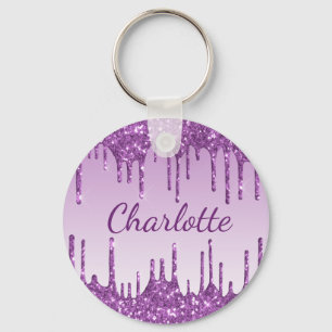 Paarse glitter druppelt monogram naam sleutelhanger