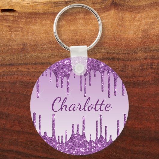 Paarse glitter druppelt monogram naam sleutelhanger (Voorkant)