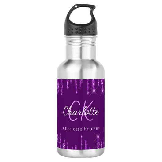 Paarse glitter druppelt monogram naam waterfles (Voorkant)