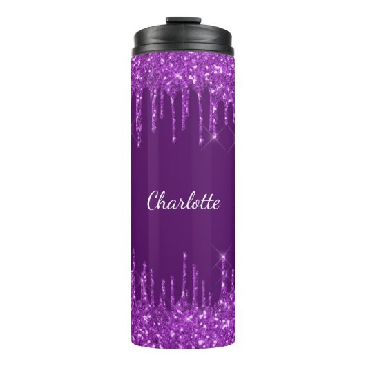 Paarse glitter druppelt op aangepaste monogram naa thermosbeker (Voorkant)