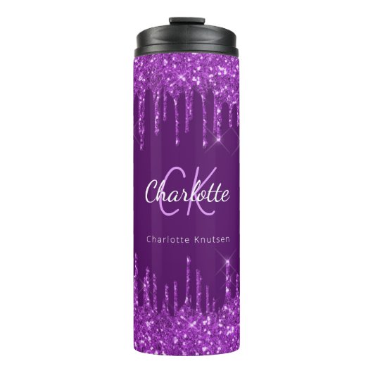 Paarse glitter druppelt op aangepaste monogram naa thermosbeker (Voorkant)