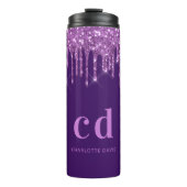 Paarse glitter druppelt roze aangepaste monogram n thermosbeker (Voorkant)