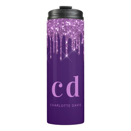 Paarse glitter druppelt roze aangepaste monogram n thermosbeker (Voorkant)