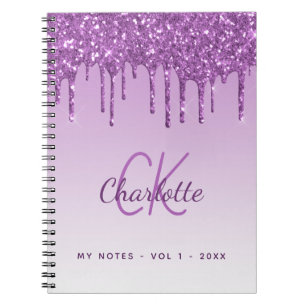 Paarse glitter druppelt violet monogram luxe notitieboek