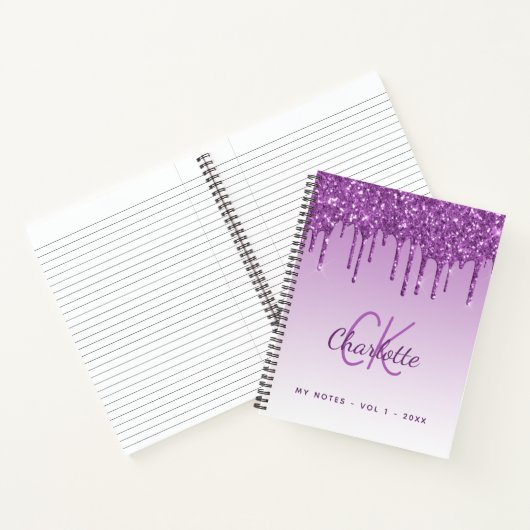 Paarse glitter druppelt violet monogram notitieboek (Binnen)