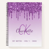 Paarse glitter druppelt violet monogram notitieboek (Voorkant)