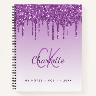 Paarse glitter druppelt violet monogram notitieboek